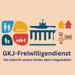 Logo GKJ-Freiwilligendienst mit Kindersymbolen und Berlinsymbol. GKJ-Teddy