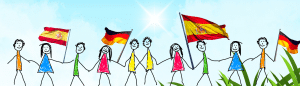 Strichzeichnung einer bunte Kindergruppe mit deutschen und spanischen Flaggen vor blauem Himmel
