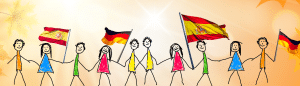 Kinder mit deutschen und spanischen Flaggen vor Herbsthintergrund